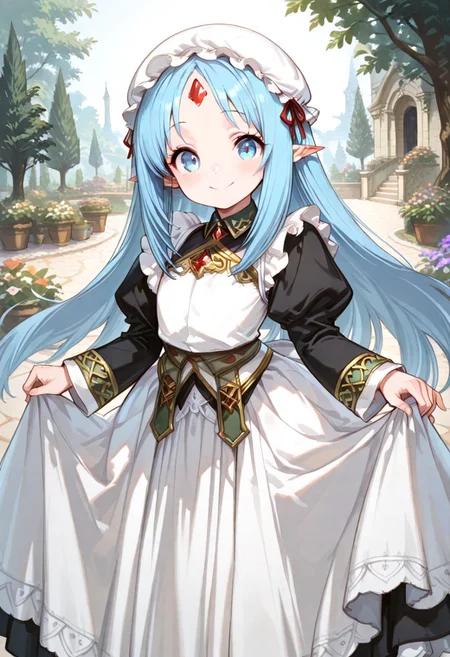 masterpiece, best quality, good quality, very awa, very aesthetic, absurdres, newest, high resolution,high quality,detailed,cute details, gr4ph1t3, beautiful eyes, perfect eyes, detailed eyes, 1girl, solo, reset_kalar_il ,pointy ears,blue hair,long hair,red gem forehead, (maid dress:1.4), full sleeves, classic Victorian style, (black dress:1.4), white maid apron, maid mob cap, looking at viewer, very cute, cute skirtlift, courtesy pose, blush, happy smile, outdoors, closeup, garden, beautiful day