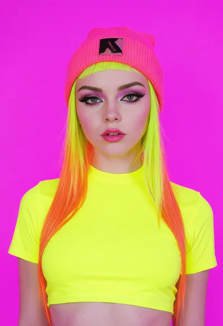 ((fire:1.3)),
full torso photo of a cute girl, solo, small neon color beads in hair, colorful hair accessories, confident pose, layered neon color streetwear outfit, (crop top tshirt:1.2), neon color hairstyle, high-fashion portrait, avant-garde look, 1girl, very pale skin, asymmetrical haircut, dramatic bangs obscuring eyes, edgy beauty, slender petite build, long straight (neon color hair), black eyeliner, heavy mascara, bold neon color lips, (neon color beanie), mysterious aesthetic,
fashion editorial lighting, vibrant tone lighting, fashion photography style, edgy aesthetic, modern alt look, high detail, cinematic sharpness,
solid neon color background,
high detail, high resolution, high-resolution fashion editorial, expressive lighting, vibrant colors, creative composition
<lora:dmd2-sdxl-4step:1> <lora:sm0k-000006:1> <lora:neoncolors2:0.6>