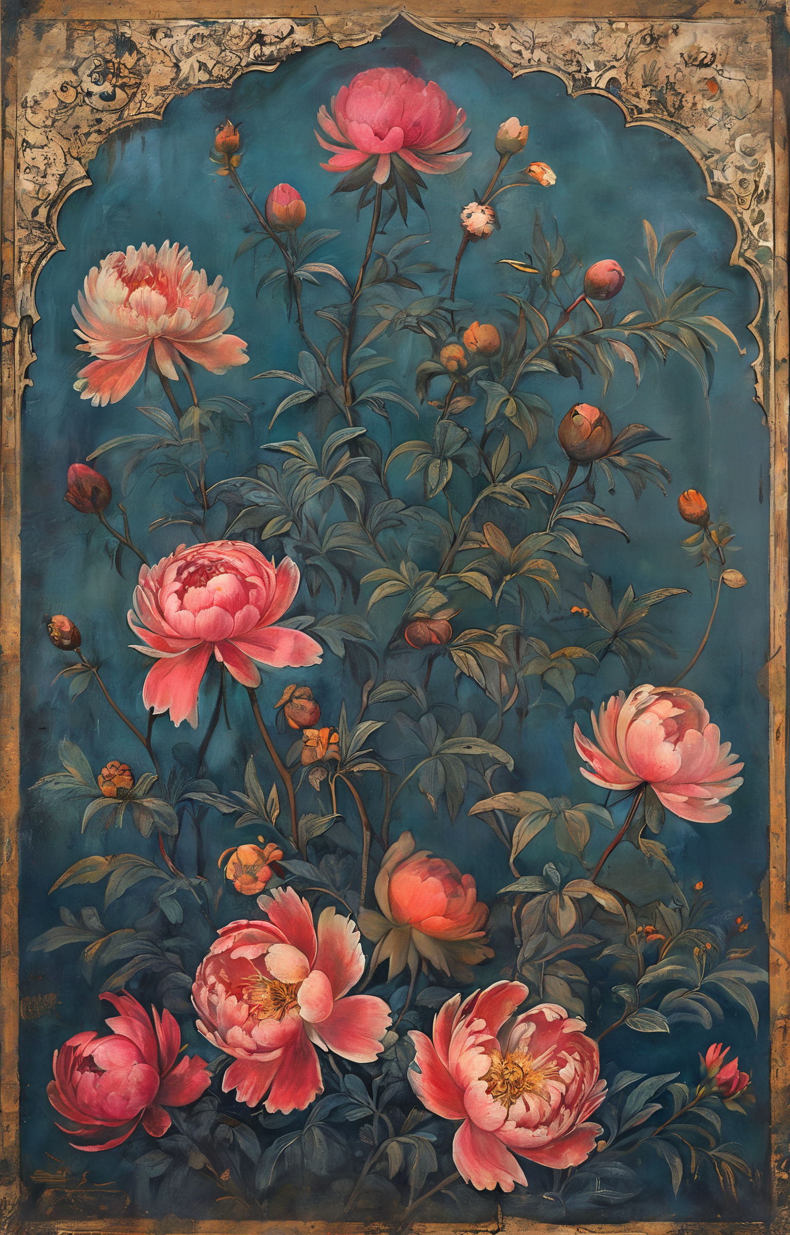 masterpiece,best quality,<lora:tbh292-sdxl:0.9>,illustration,style of Qajar art decaying peonies