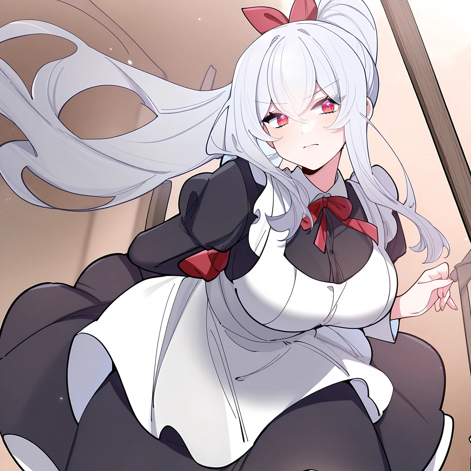 masterpiece,best quality,newest,absurdres,highres,<lora:noobai_ep11_stabilizer_v0.138_fp16:0.8>,tang_xin,long hair,red eyes,long hair,breasts,<lora:Tang_Xin5:1>,looking at viewer,full body,maid,ponytail,