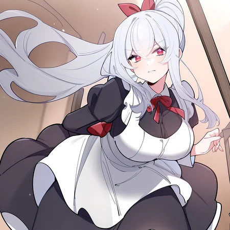 masterpiece,best quality,newest,absurdres,highres,<lora:noobai_ep11_stabilizer_v0.138_fp16:0.8>,tang_xin,long hair,red eyes,long hair,breasts,<lora:Tang_Xin5:1>,looking at viewer,full body,maid,ponytail,