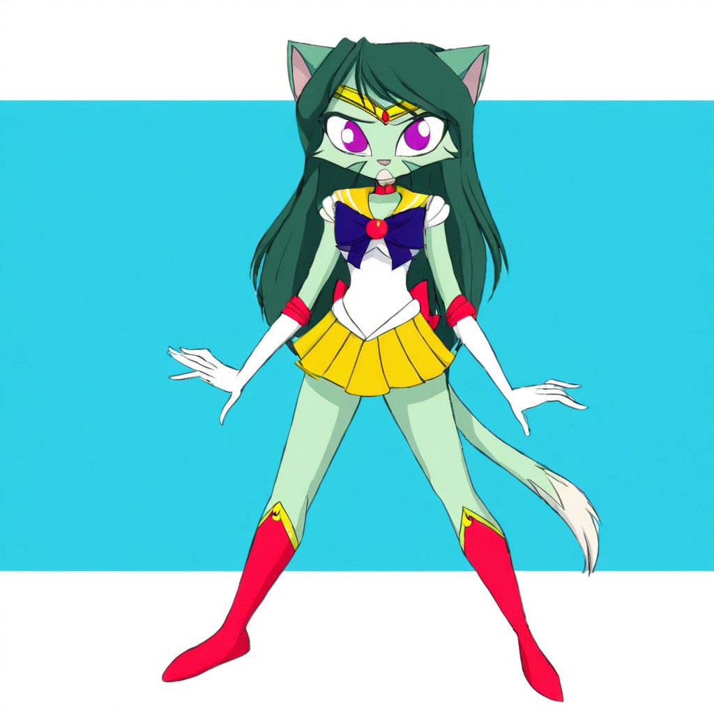 L1l1th_Ca1a4,1girl,solo,furry,furry female,cat girl,long hair,green hair,cat ears,purple eyes,snout,animal nose,body fur,two-tone fur,green fur,white fur,cat tail, sailormooncosplay, forehead_tiara, blue back bow, yellow sailor collar, yellow skirt, red boots,purple bow, brooch, choker, elbow gloves, gloves, jewelry, knee boots, pleated skirt, sailor senshi uniform, skirt, white gloves, full body, street