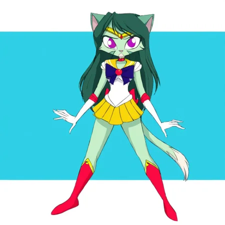 L1l1th_Ca1a4,1girl,solo,furry,furry female,cat girl,long hair,green hair,cat ears,purple eyes,snout,animal nose,body fur,two-tone fur,green fur,white fur,cat tail, sailormooncosplay, forehead_tiara, blue back bow, yellow sailor collar, yellow skirt, red boots,purple bow, brooch, choker, elbow gloves, gloves, jewelry, knee boots, pleated skirt, sailor senshi uniform, skirt, white gloves, full body, street