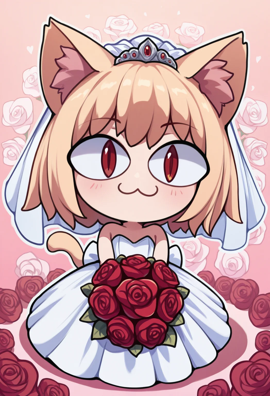 1girl, solo, wedding dress, flower, rose background,
masterpiece, best quality, <lora:necoarc-guy90-Illust-LoraV1:1>, cracen, animal ears, short hair, blonde hair, :3, cat girl, cat tail, red eyes, slit pupils, chibi, animal ear fluff