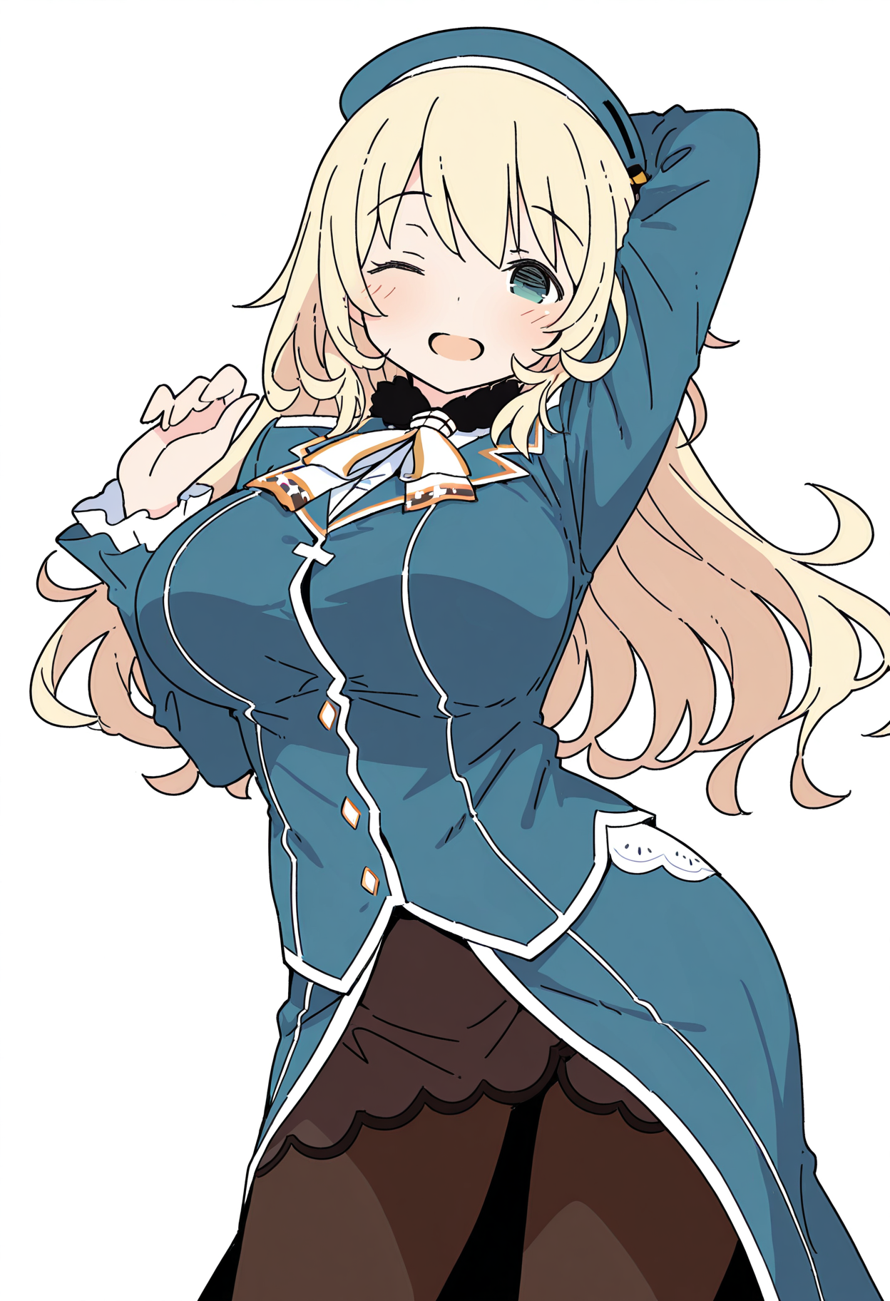 highres, best quality, masterpiece, white background,
amsrsty, flat colors, jaggy lines,
1girl, solo, atago \(kancolle\), large breasts, 
blue dress, brown pantyhose, 
looking at viewer, blush, smile,
standing, legs apart, hand up, open mouth, one eye closed, arm up,
<lora:_amakara_surume-sty-elesico-ilxlB-000049:1>
