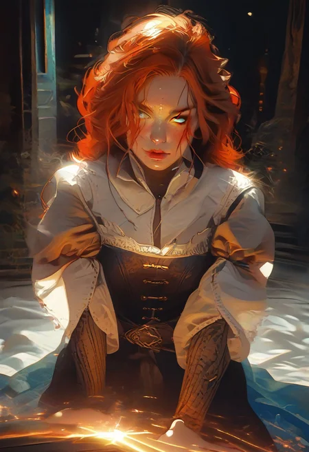Safe_pos, (score_9, score_8_up, score_8), ultra detailed, high resolution, high quality, masterpiece, intricate details, intricate body, intricate landscape, knva, Expressiveh, hkmagic, missfortune, European Instagram Model, Sorceress, Wizard, Casting Thunder Magic Spells, Magic Circle, Thigh Strap, 1girl, source_cartoon, triss merigold, 1girl, solo, red hair, freckles, green eyes, hair bun, ((Dark-Auburn Hair, Blue Eyes, Full Lips, Delicate and Smooth Skin, Blush Perfect Body, Highly Detailed, Glossy Lips)), Beautiful, Attractive, (Long Hair, Shiny Hair), (Wizard), ((Femme Fatale)), Tight-Fitting Blue-and-White Dress, Corset, Sexy, Belt, Brown Thigh-High Boots, Fantasy, Medieval, ((Extremely Detailed Face and Eyes)), Looking at Viewer, (Flirty Smile), Soft Lighting, Warm Lighting, Unique Angle, Unique Perspective, Dramatic Angle, ((Full Body)), From Above, Tomes in Background, Magic Book, Ritual