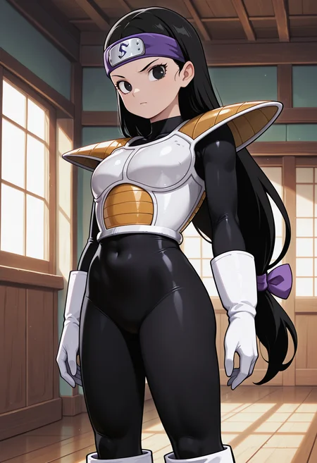 Tsch, 1girl, black hair, low-tied long hair, black eyes, purple bow, forehead protector, white saiyan armor, shoulder pad, black bodysuit, white gloves, white boots, looking at viewer, indoors, best quality, very aesthetic, masterpiece,