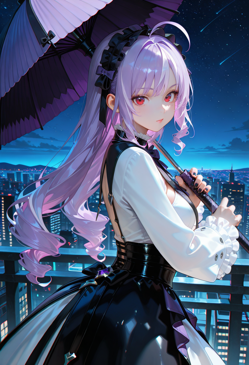 masterpiece,best quality,ultra high res,photorealistic,8K UHD,hyper-detailed,depth of field,1girl,vivianZzz,
dress,from side,open stance,red eyes,ahoge,streaked hair,black hairband,frilled hairband,purple hair,hair bow,nail polish,black nails,
ready to draw,purple umbrella,iai,fighting stance,looking at viewer,
outdoors,cityscape,night,starry_sky,
foreshortening,chromatic aberration,
safe,
<lora:vivian_zzz_ilxl_goofy:1>,<lora:add-detail-xl:1>,