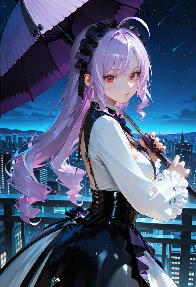masterpiece,best quality,ultra high res,photorealistic,8K UHD,hyper-detailed,depth of field,1girl,vivianZzz,
dress,from side,open stance,red eyes,ahoge,streaked hair,black hairband,frilled hairband,purple hair,hair bow,nail polish,black nails,
ready to draw,purple umbrella,iai,fighting stance,looking at viewer,
outdoors,cityscape,night,starry_sky,
foreshortening,chromatic aberration,
safe,
<lora:vivian_zzz_ilxl_goofy:1>,<lora:add-detail-xl:1>,