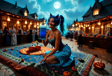 score_9, score_8_up, score_7_up, score_6_up, (side view:1.1), extreme detail, vivid colors, 1woman, midair,  ((magic carpet)), expressive eyes, ponytail, blue hair, (large chest), (detailed intricate body), (blue pumpkins), ((freckles)), (dark skin), (tanned), jewelry, (blue beer:1.3), (blue pumpkins:1.3), cat ears, cat tail, shy smiling, happy, (wild party), crowd, (flying:1.5), kneeling, (bats:1.4), Nighttime, moon rays, random angle, tavern, [skyrimlandscapes], style skyrim, misaki \(doaxvv\), (halloween),