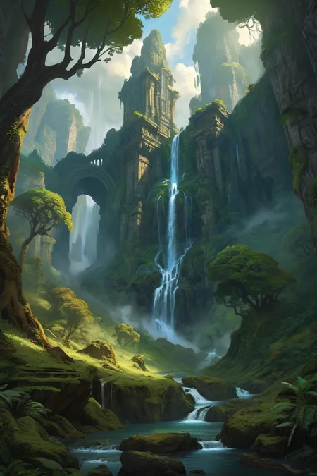 misty forest waterfall cascading into ancient stones ,primeval jungles where stone-age shamans commune with volcano gods, the canopy alive with ghost panthers, midday,weather sweaty in the rain cinematic view, epic sky, detailed, concept art, low angle, high detail, warm lighting, volumetric, godrays, vivid, beautiful, trending on artstation, by jordan grimmer, huge scene, grass, art greg rutkowski,
<lora:detailed_notrigger:0.7>, <lora:add-detail-xl:0.3>, oil painting art style from Renaissance period, masterful composition, Renaissance mood, renaissance oil painting, brush strokes, Baroque art style, dynamic composition, dramatic lighting, rich colors, intricate details, professional-grade execution, captures the grandeur and theatricality of the Baroque period