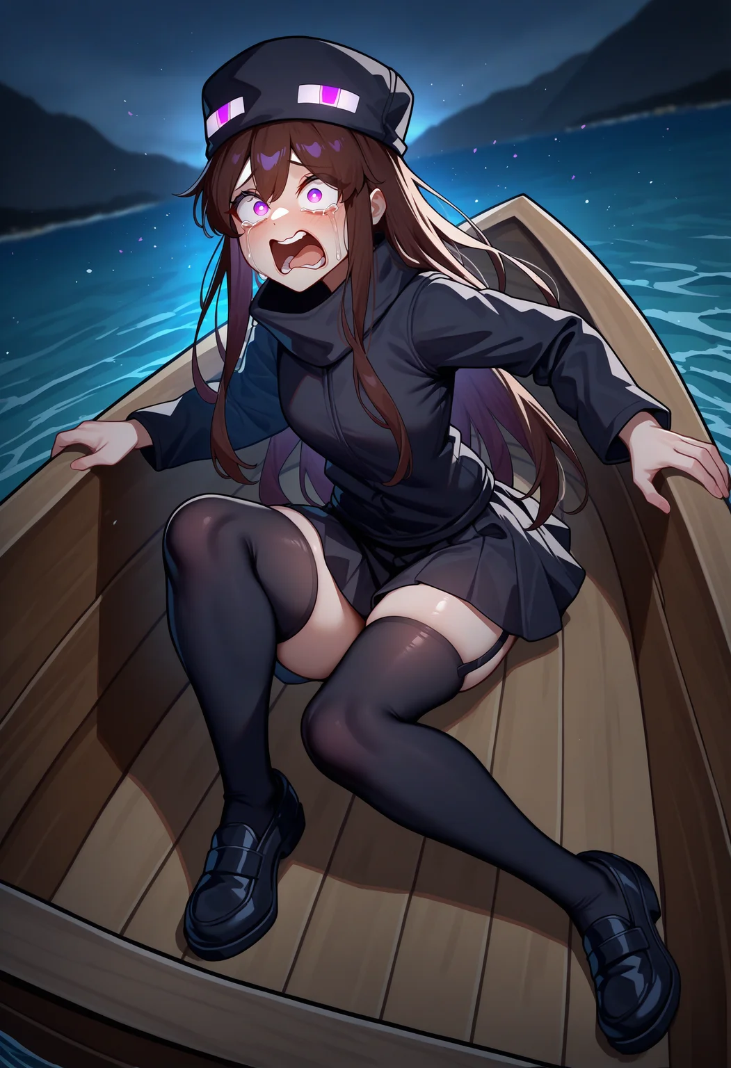 masterpiece, best quality, newest, absurdres, highres, 1girl, Enderman-chan, brown hair, purple eyes, glowing, glowing eyes, black jacket, high collar, enderman hat, black skirt, black thighhighs, garter straps, <lora:Enderman_illusXLNoobAI_Incrs_v1-000008:1>, shoes, full body, on boat, boat, water, sea, scared, tears, panicking, medium breasts, screaming, open mouth, crying with eyes open
