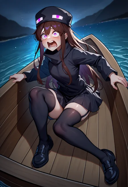 masterpiece, best quality, newest, absurdres, highres, 1girl, Enderman-chan, brown hair, purple eyes, glowing, glowing eyes, black jacket, high collar, enderman hat, black skirt, black thighhighs, garter straps, <lora:Enderman_illusXLNoobAI_Incrs_v1-000008:1>, shoes, full body, on boat, boat, water, sea, scared, tears, panicking, medium breasts, screaming, open mouth, crying with eyes open