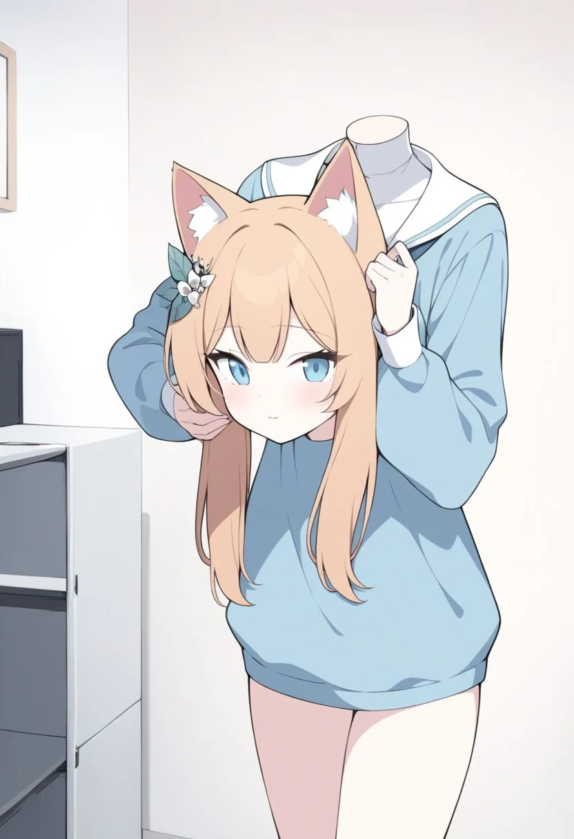 (best quality, masterpiece:1.3), an extreme delicate and beautiful, BREAK source_anime, disembodied_head, holding head, head is detached from neck, Mari \(blue archive\),blue archive, head of Mari,l, bangs,l, light blue raglan sleeves ,1girl, solo, girl’s room, couch, looking at viewer, happy, cowboy shot