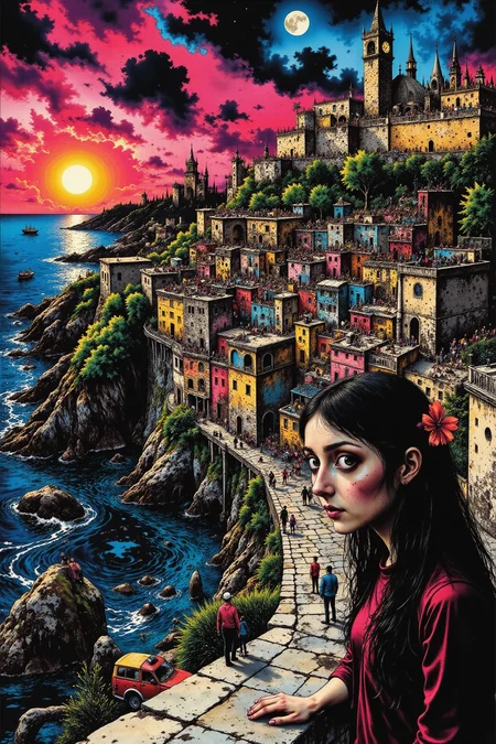 Valletta town center landscape, dusk, woman, very intricate, very detailed, sharp, bright, colorful, <lora:Hand v2:0.5> <lora:Anti-Blur:1><lora:Insane Detail Slider:0.25> <lora:flux.1_lora_flyway_Epic-detail_v2:0.3> <lora:fluxenhancer:0.25> <lora:ROWER:0.6> <lora:flux-charmer-v1-1:0.4> <lora:Crazy_Horror:1> cr3z1h0rr0r