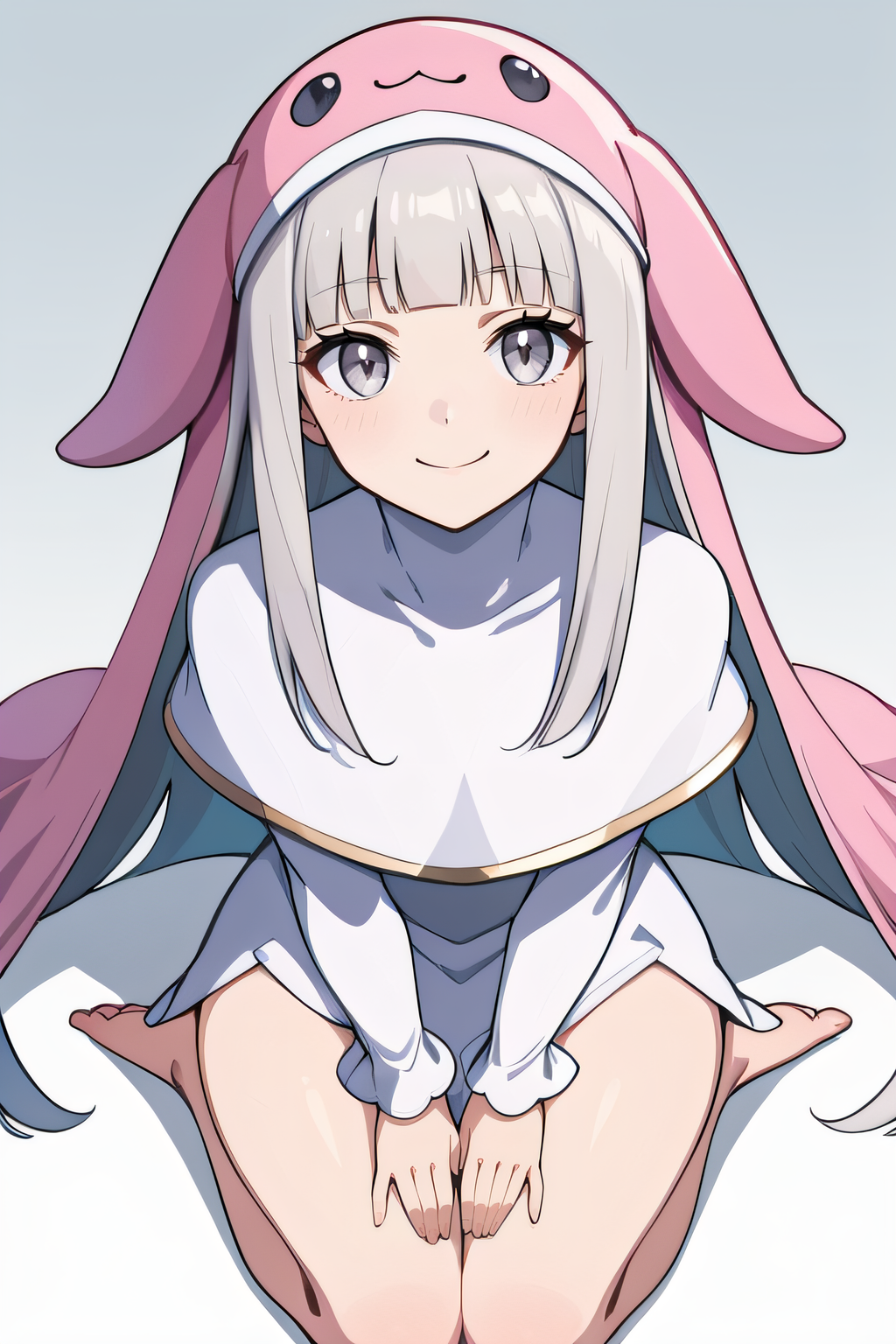score_9, score_8_up, score_7_up, source_anime, rating_safe, intricate details, 1girl, solo, <lora:Sistermon_Blanc:1>, blanc, grey hair, grey eyes, blunt bangs, white dress, white capelet, long sleeves, thighs, smile, cowboy shot, looking at viewer, simple background, pink animal hat, very long floppy animal ears, long pink veil, kneeling, barefeet, from above, pov, thick thighs, five fingers, hands on knees