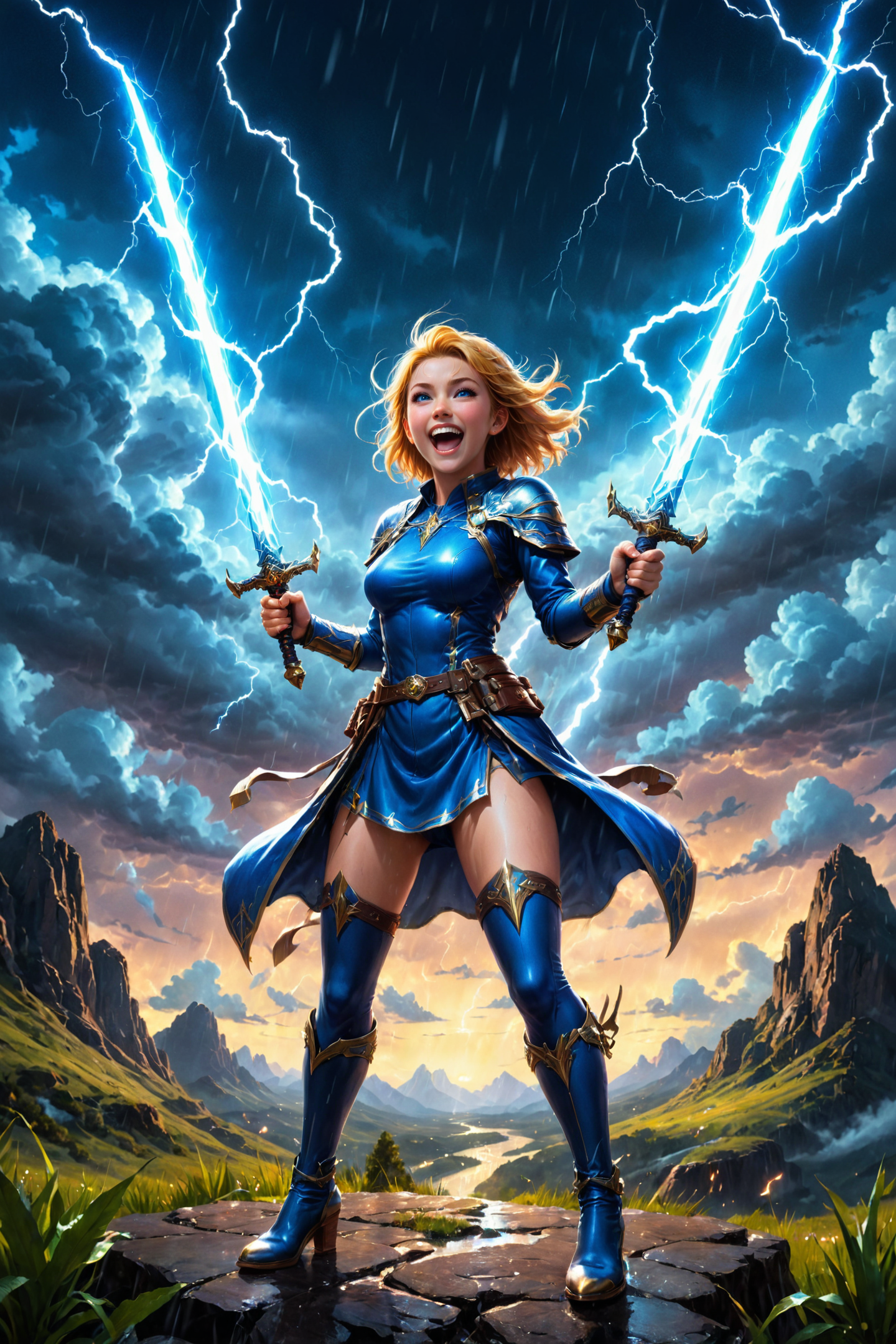 by Joseph Stella and Olivier Valsecchi in the style of Ted Nasmith and __artist_fav__, full body length, cute heroine holding two lightning (((swords))), casting a blue lightning spell, tights, bare shoulders, lightning,  symmetrical, rain, digital oil pastel on canvas, extremely detailed, vibrant dream, adorable happy maniacal laughter, landscape, dual swords <lora:dual_pistols:0.25> <lora:oil_pastel:1.00> <lora:more_art:0.30> <lora:huge_anime_eyes:0.85> <lora:great_lighting:1.30> <lora:aesthetic:2.15> <lora:photorealistic_portrait:1.25> <lora:RMSDXL_Enhance:0.55> <lora:RMSDXL_Creative:0.45> <lora:RMSDXL_Photo:0.45> <lora:RMSDXL_Darkness_Cinema:0.50> <lora:XDetail_heavy:0.75> <lora:perfect_eyes:0.15> <lora:perfect_hands:0.25> <lora:midjourney:-0.20> <lora:looking_at_viewer:1.25> <lora:clothing_slider:6.00>  <lora:dpo:0.50> <lora:extremely_detailed:2.25> <lora:vibrant_dream:2.25> <lora:happy_v2:0.35> <lora:maniacal_laughter:2.25> <lora:faetastic:0.25> <lora:add_detail:0.25>