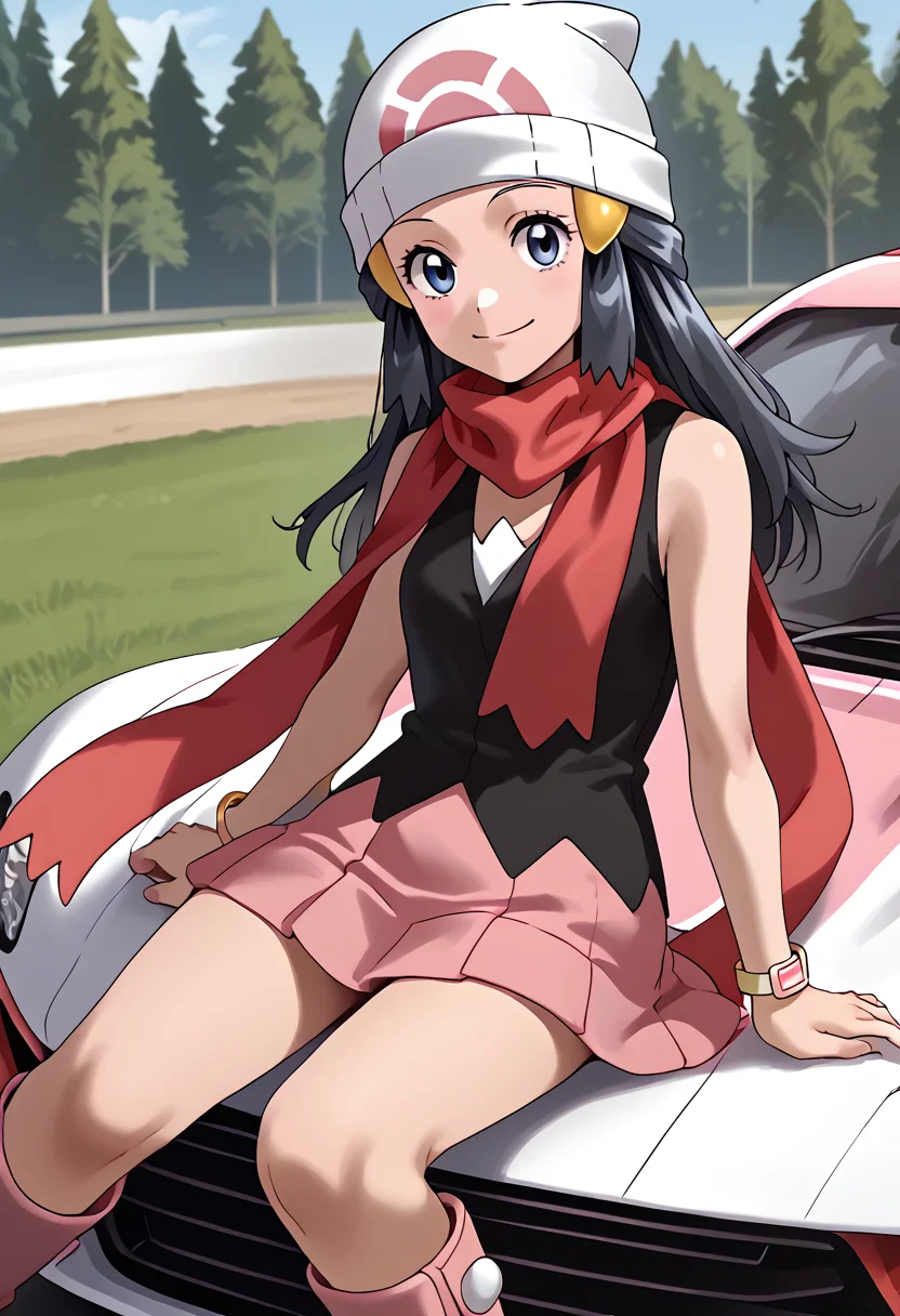 Sitting, pretending to be driving a race car, smile, outdoors, 1girl, <lora:DawnPony:1> Dawn_PD, long hair, black hair, blue eyes, hair ornament, beanie, white headwear, red scarf, sleeveless shirt, black shirt, bracelet, pink skirt, boots, pink footwear,
