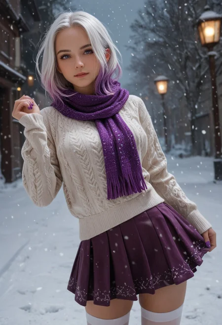score_9, score_8_up, score_7_up, score_6_up, 
1girl, 25 years old, perfect face, (adult), sexy,
purple eyes, 
multicolored hair, colored inner hair, white hair, purple glowing hair, purple glowing scarf, 
white sweater, long sweater, long sleeves,
purple nails, 
purple skirt, layered skirt, 
white thighhighs, 
winter, snow, snowing, snowflakes,
blush, dynamic pose, dynamic angle,
night, dark