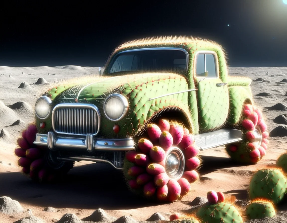 vehicule 4l, on the ground of the moon, the earth far away in the sky
, Prickly Pear Style