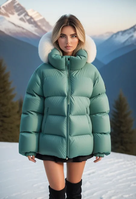 ((((sherpa puffer padded jacket)))), ((((sharpa puffer padded coat)))), ((((puffer skirt)))), ((((cowboy shot)))), ((((from back)))), standing, winter, snow, mountains, 1girl, solo, (masterpiece), (detailed face, detailed eyes), (beautiful detailed eyes:1.5), sidelighting, (super detail, hyper detail, intricate_details, detailed), looking at viewer, (semi realistic:1.6), very detailed face, (Blonde hair), (white hair), absurdly long hair, hair between eyes, (straight hair), (green eyes), put your hair behind your ears, eyelashs, eyeliner, (eye shadow:0.5), wet hair, sweat, white skin, Angry face, (blush), padded cuffs, padded collar, Thick padded cuffs, Thick padded collar, <lora:Collar-SDXL:0.6>, <lora:Cuffs-SDXL:0.6>, <lora:Puffer_Jacket_and_Down_Jacket_-_Extra_Puffy_Jackets:0.6>, <lora:puffer_skirt_v1:0.6>