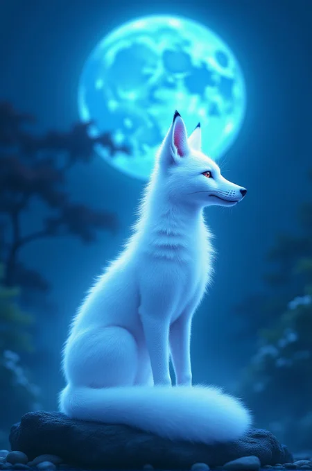 White fantasy fox glowing with mysterious light under the midnight moonlight, Japanese shrine, Japanese mythology, novel comic graphic style, 2D, 8K, hyperrealism, masterpiece, high resolution, best quality, ultra detailed, ultra realistic, hyperrealism art, high quality, ultra high resolution, best details, lots of details, very high resolution details, incredibly realistic, colorful, soft cinematic light,