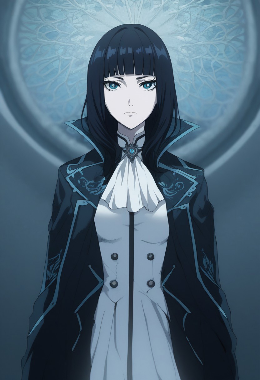 score_9, score_8_up, score_7_up, beautiful color, 
aesthetic, 2d, 
sm_an_stl, source_anime, anime screencap, anime, animification,
close-up shot, view from aside,
solo, 
1girl, 
kuro_utw, black hair, blue eyes, coat, ascot, striped clothes
looking at viewer, closed mouth,
dramatic lighting, ornate,
