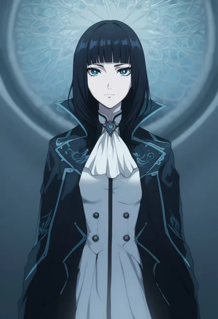 score_9, score_8_up, score_7_up, beautiful color, 
aesthetic, 2d, 
sm_an_stl, source_anime, anime screencap, anime, animification,
close-up shot, view from aside,
solo, 
1girl, 
kuro_utw, black hair, blue eyes, coat, ascot, striped clothes
looking at viewer, closed mouth,
dramatic lighting, ornate,