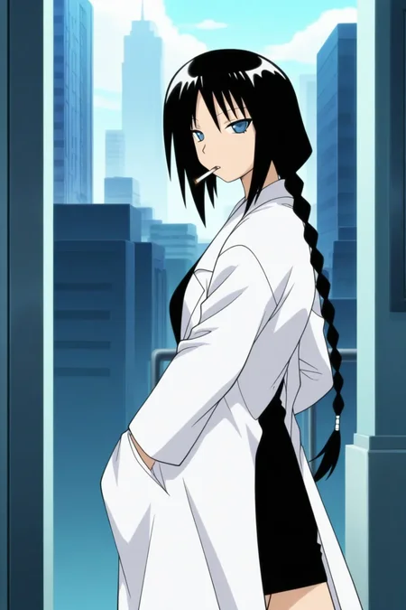 masterpiece, best quality, pugyuru_hokeni_ilxl, 1girl, solo, <lora:pugyuru_hokeni_ilxl:0.9>, black hair, labcoat, skirt, long hair, braid, cigarette, pencil skirt, single braid, miniskirt, city, anime coloring, anime screencap, (from the left side:1.5), looking at viewer
