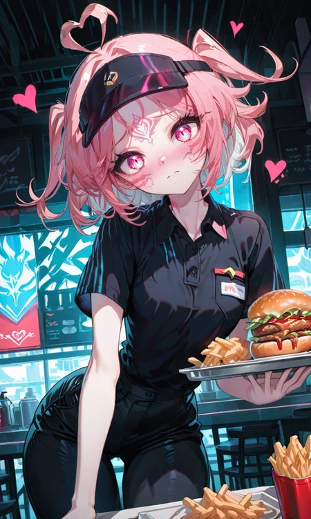 masterpiece,best quality,absurdres,very aesthetic,very awa,highres,newest,year 2024,year 2023,<lora:NLSTN-IL_1412568:1>,nlstn,glowing,dark,<lora:illustrious_quality_modifiers_masterpieces_v1_956369:0.7>,<lora:ponyv4_noob1_2_adamW-000017:0.7>,<lora:spo_sdxl_10ep_4k-data_lora_webui:0.6>,<lora:add-detail-xl:0.9>,<lora:KonyaKarasue-000008:0.4>,<lora:Isha_Illus_XL_1131795:0.6>,ishaILXL,heart ahoge,pink eyes,skinny,multicolored hair,white hair,pink hair,24 yo,24 year old girl,white eyelashes,dynamic background,detailed,womb tattoo,dynamic_angle,flat chest,looking at viewer,facial mark,
highres,hi res,best quality,masterpiece,anime coloring,1girl,large breasts,thick thighs,narrow waist,McUniform,employee uniform,polo shirt,black shirt,visor cap,black pants,very shy,blush,dutch angle,naughty pose,looking at viewer,restaurant,solo,looking at viewer,holding tray with burger,french fries,soda,leaning forward,portrait,dynamic pose,cowboy shot,head tilt,