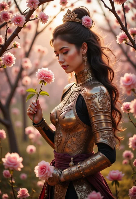 A female ronin in ornate samurai armor stands amidst a field of blooming cherry blossoms. The ronin holds a single rose delicately in her gauntleted hand, gazing down at it with a soft expression. Her long, flowing hair is adorned with small rose petals, carried by a gentle breeze. At her side, a large katana decorated with intricate engravings of roses rests against her leg. The sunlight filters through the petals, casting a warm, golden glow over the scene, enhancing the romantic yet powerful atmosphere.