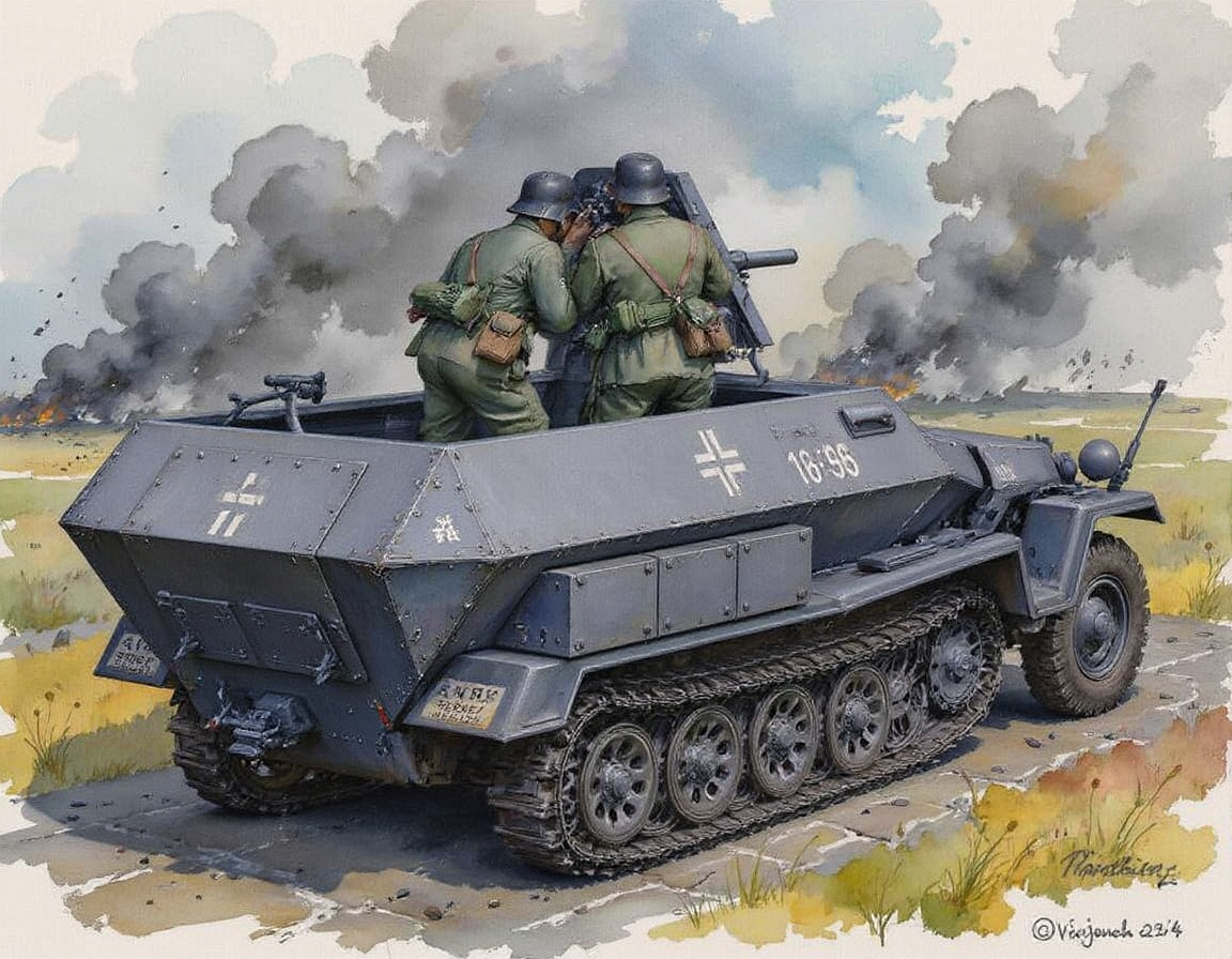 A watercolor of a German self-propelled gun resupplying with ammunition. An atmospheric scene of relief during a fierce battle, conversation, debris, smoke in the distance. <lora:FluxWatercolor:0.8> Jedwtclr, watercolor,  <lora:sd-kfz-251-10:1>sd-kfz-251-10:ã
A German WWII combat vehicle equipped with a 37mm anti-tank gun on an open-top half-track.View from the rear left.Three German soldiers in a firing position.One of them is checking the target with binoculars.German identification mark of a cross.soldiers are wearing helmets and field green uniforms.