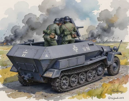 A watercolor of a German self-propelled gun resupplying with ammunition. An atmospheric scene of relief during a fierce battle, conversation, debris, smoke in the distance. <lora:FluxWatercolor:0.8> Jedwtclr, watercolor, <lora:sd-kfz-251-10:1>sd-kfz-251-10:ã
A German WWII combat vehicle equipped with a 37mm anti-tank gun on an open-top half-track.View from the rear left.Three German soldiers in a firing position.One of them is checking the target with binoculars.German identification mark of a cross.soldiers are wearing helmets and field green uniforms.