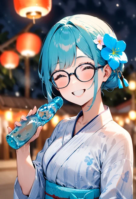 masterpiece, best quality, very aesthetic, absurdres,
ramune, food, bottle, 1girl, solo, holding bottle, blurry background, depth of field, holding, glasses, happy, smile, yukata, uchiwa, hair bun, hair ornament, hair flower, paper fan, paper lantern, night, summer, upper body,
<lora:ramune_SDXL_V1:1>