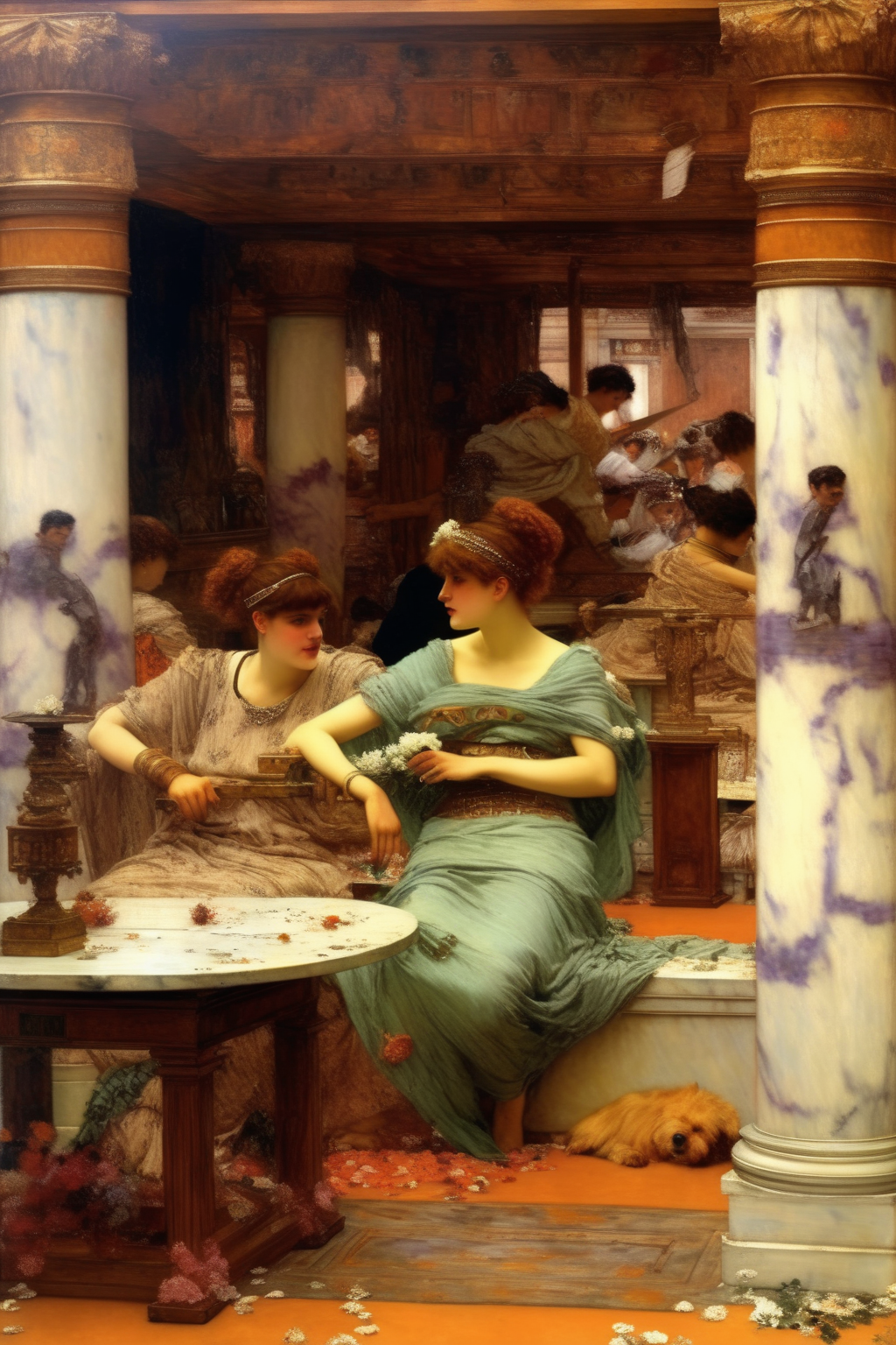 <lora:Lawrence Alma Tadema Style:1>Lawrence Alma Tadema Style - Awesome Sir Lawrence Alma-Tadema painting of the GAME ROOM of a Beautiful Victorian era Home