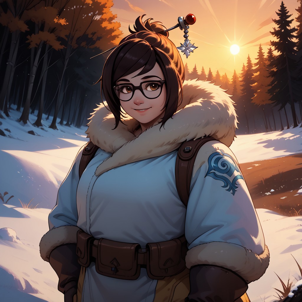 score_9, score_8, BREAK, solo, Mei, glasses, hair ornament, plump, winter coat, fur coat, trimmed coat, footwear, sexy pose, self portrait, smile, outdoors, sunlight, shadows, evening lighting, natural lighting, forest, trees, grass, orange sky, sunset