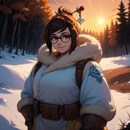 score_9, score_8, BREAK, solo, Mei, glasses, hair ornament, plump, winter coat, fur coat, trimmed coat, footwear, sexy pose, self portrait, smile, outdoors, sunlight, shadows, evening lighting, natural lighting, forest, trees, grass, orange sky, sunset
