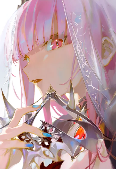 1girl, veil, virtual youtuber, mori calliope, solo, long hair, tiara, pink hair, looking at viewer, open mouth, nail polish, pink eyes, spikes, blunt bangs, red eyes, portrait, blue nails, upper body, holding, white background <lora:reiXL_NB11_lokr_V6311P:0.95>