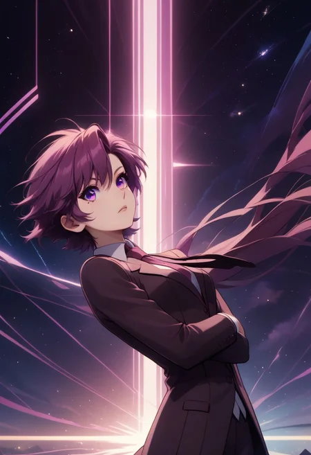 score_9, score_8_up, score_8, medium breasts, (curvy), cute, eyelashes, rating_safe,
BREAK,
zzBazett, short hair, purple eyes, purple hair, mole under eye, necktie, formal, suit,
BREAK,
dynamic angle, stars, floating, colorful, pink, blue eyes, black bow, from side, on back, spaceship, technological,
zPDXL,
