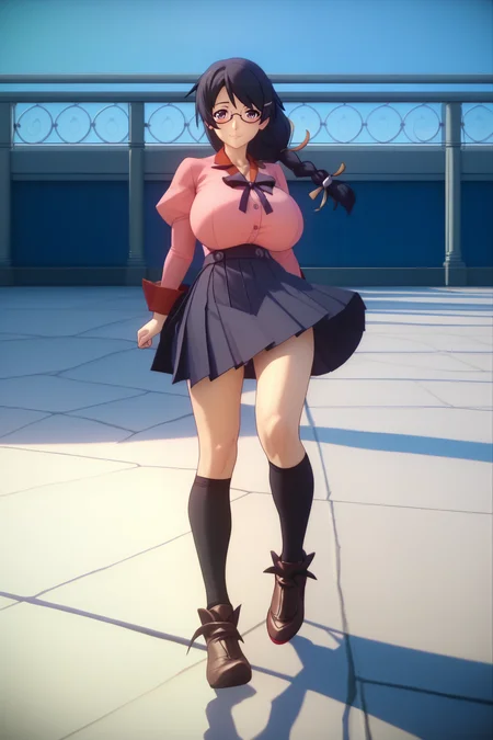 ZZZ_Style,<lora:ZZZ_Style_Pony:1> <lora:hanekawa tsubasa:1> hanekawa tsubasa, glasses,braid,hair ornament,long hair,black hair,purple eyes,huge breasts,puffy sleeves,skirt,pink shirt,kneehighs, Score_9, Score_8_up, Score_7_up, Score_6_up, Score_5_up, Score_4_up, BREAK,1girl in full growth, best quality, masterpiece, ultra-detailed, high quality,good quality,1 girl,(master piece,high resolution, ultra detailed,8K,16K),look at viewer