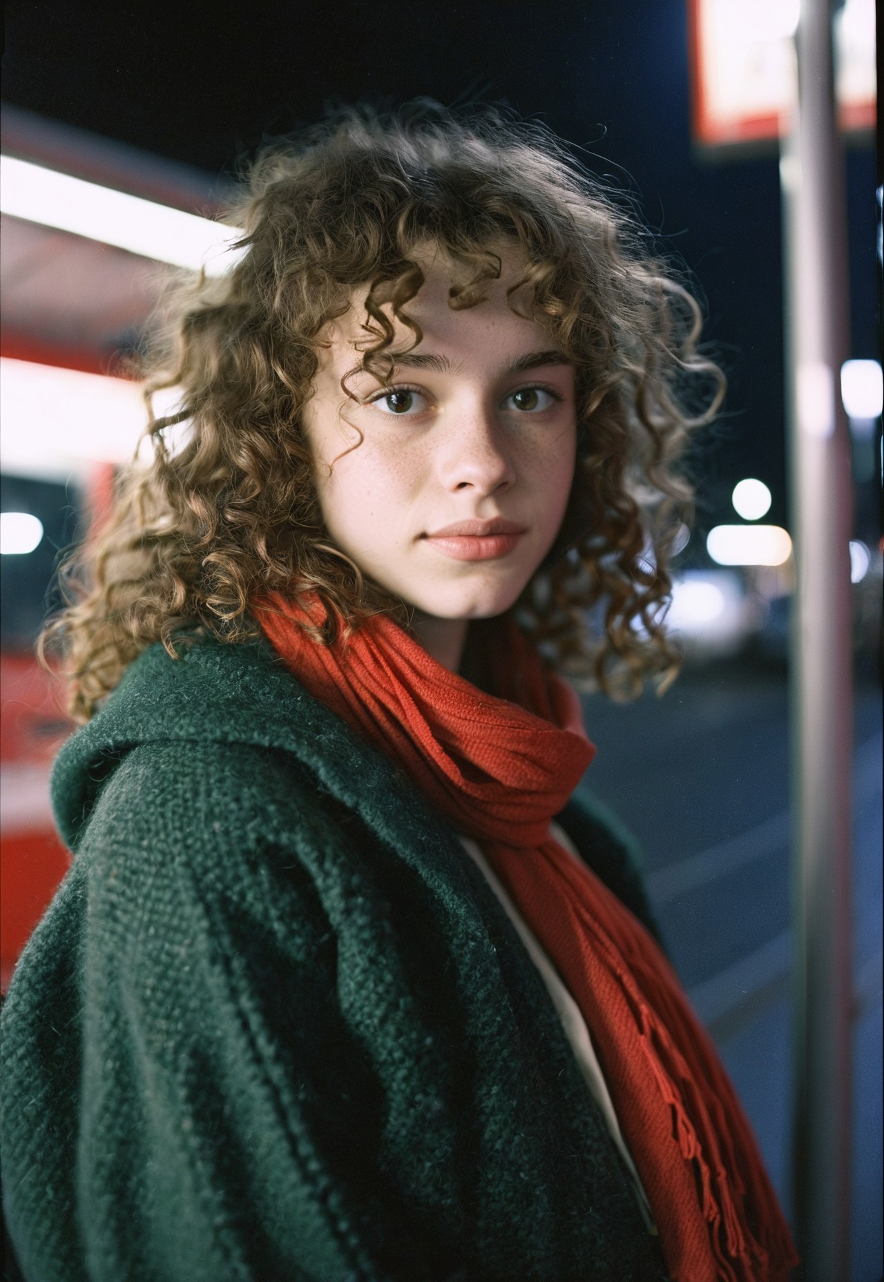 Film photography, shot on nikon f3, close-up shot portrait, 22 years old cute looking french girl, natural beauty, pale skin, curly brown hair, wearing green sweater jacket and red scarf, standing in a bus stop, night time, dim lighting, Analog photography, Kodak Ektar 100 Film, 35mm film, film grain film halation, Cinematic photography, 50mm focal length, f/2.8, shallow depth of field, (sharp details, high quality, 4k, intricate details, highly-detailed, high budget), epiCNegative