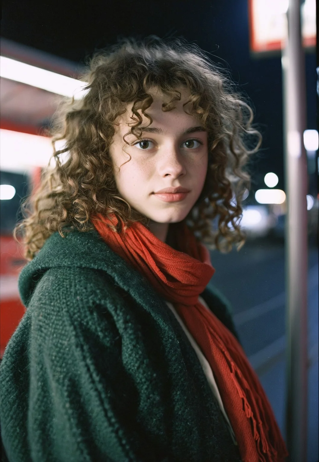 Film photography, shot on nikon f3, close-up shot portrait, 22 years old cute looking french girl, natural beauty, pale skin, curly brown hair, wearing green sweater jacket and red scarf, standing in a bus stop, night time, dim lighting, Analog photography, Kodak Ektar 100 Film, 35mm film, film grain film halation, Cinematic photography, 50mm focal length, f/2.8, shallow depth of field, (sharp details, high quality, 4k, intricate details, highly-detailed, high budget), epiCNegative