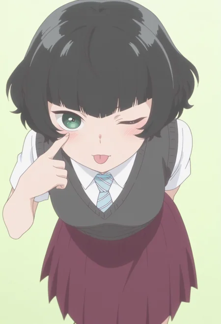 anime screencap, anime coloring, <lora:DX888Hitoha:1> hongou hitoha, green eyes, black hair,short hair, blunt bangs, BREAK school uniform, white shirt, striped necktie, sweater vest, skirt, socks, BREAK simple background, green background, BREAK 1girl, ;p, akanbe, arms behind back, blush, breasts, cowboy shot, (eyelid pull:1.3), looking at viewer, one eye closed, solo, tongue out, from above, dutch angle, leaning forward,