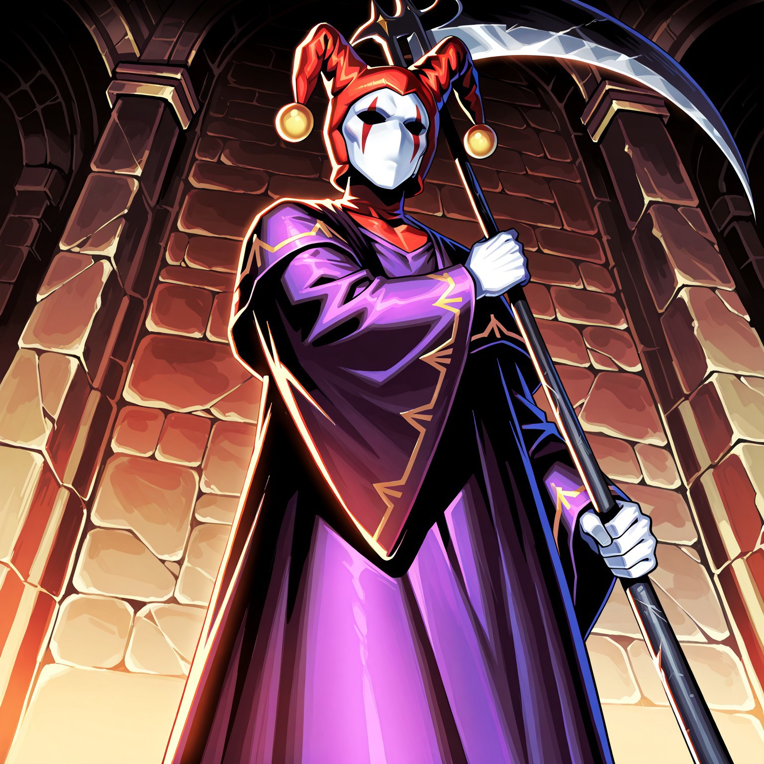 score_9,score_8,score_7,source_furry, (masterpiece, best quality, high quality:1.2), detailed hands,character focus, detailed skins, body blush, cinematic shadow, character focus, ultra detailed background, <solo:1.5>, <1boy:1.5>, (anime:3.5), (official:3.5), (dynamic standing:1.8),
chariotsaga, 1boy, solo, male focus, upper body, from below,
jester, red headwear, looking at viewer, white skin, jester cap, pom pom (clothes), (faceless mask:1.2), facepaint, hat, robe, purple robe, torn robes, long sleeves, wide sleeves, holding, scythe, weapon, holding scythe, holding weapon,  
ancient ruin background, indoor, dark orange stone wide rooms, torch wall, darkness, sand, desert,