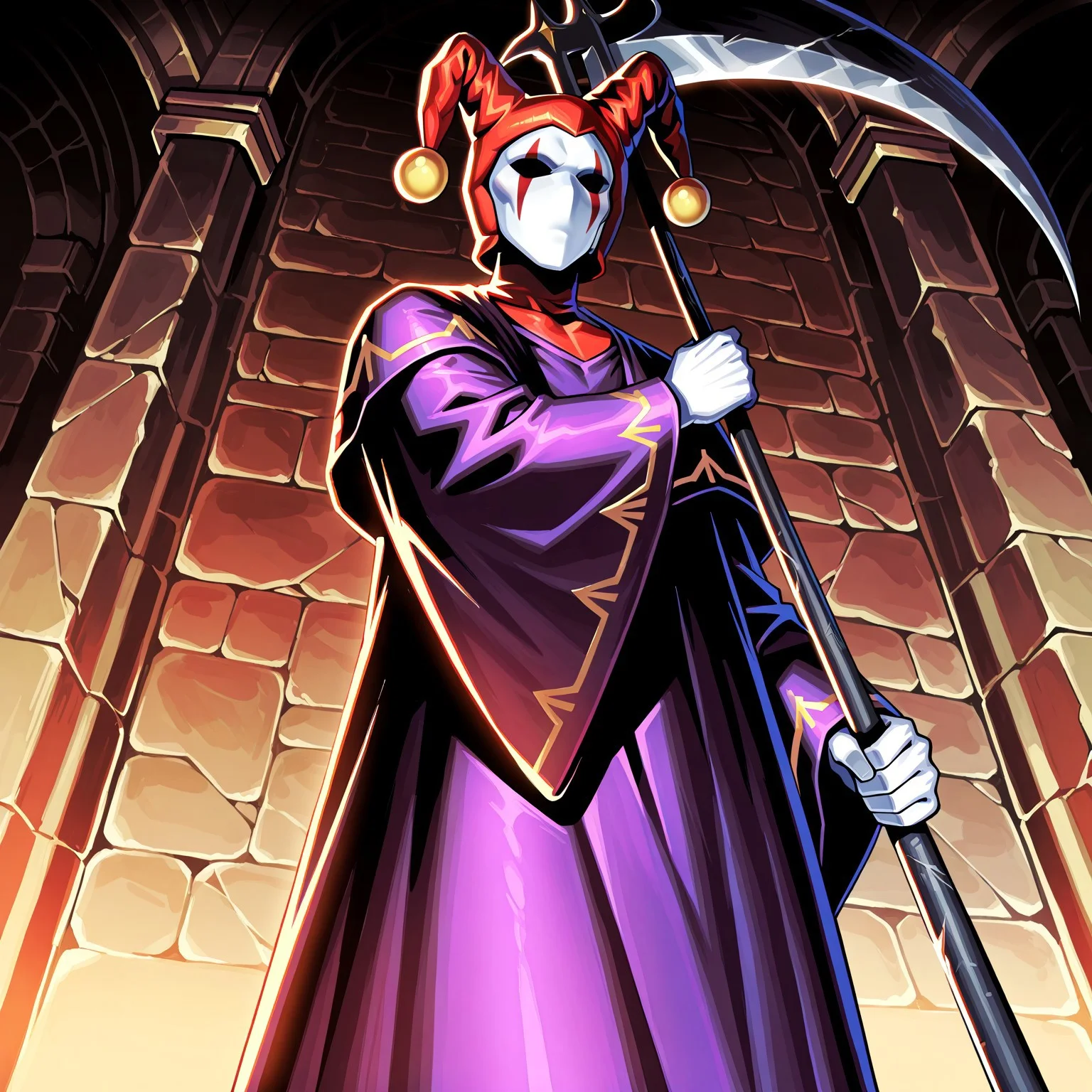 score_9,score_8,score_7,source_furry, (masterpiece, best quality, high quality:1.2), detailed hands,character focus, detailed skins, body blush, cinematic shadow, character focus, ultra detailed background, <solo:1.5>, <1boy:1.5>, (anime:3.5), (official:3.5), (dynamic standing:1.8),
chariotsaga, 1boy, solo, male focus, upper body, from below,
jester, red headwear, looking at viewer, white skin, jester cap, pom pom (clothes), (faceless mask:1.2), facepaint, hat, robe, purple robe, torn robes, long sleeves, wide sleeves, holding, scythe, weapon, holding scythe, holding weapon,
ancient ruin background, indoor, dark orange stone wide rooms, torch wall, darkness, sand, desert,