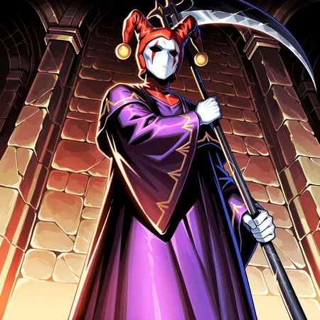 score_9,score_8,score_7,source_furry, (masterpiece, best quality, high quality:1.2), detailed hands,character focus, detailed skins, body blush, cinematic shadow, character focus, ultra detailed background, <solo:1.5>, <1boy:1.5>, (anime:3.5), (official:3.5), (dynamic standing:1.8),
chariotsaga, 1boy, solo, male focus, upper body, from below,
jester, red headwear, looking at viewer, white skin, jester cap, pom pom (clothes), (faceless mask:1.2), facepaint, hat, robe, purple robe, torn robes, long sleeves, wide sleeves, holding, scythe, weapon, holding scythe, holding weapon,
ancient ruin background, indoor, dark orange stone wide rooms, torch wall, darkness, sand, desert,