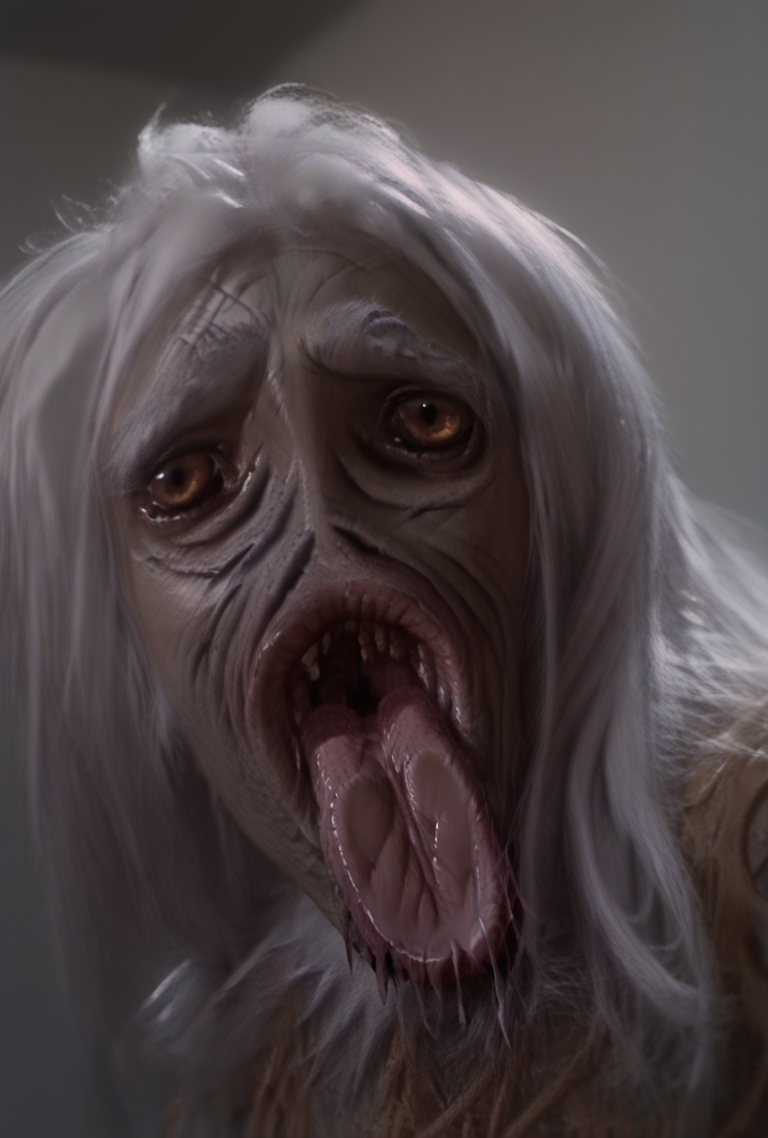 <lora:POV_Screen_licking:1> <lora:SaltVampire:0.75> screenlick, close-up, pov, tongue, licking, tongue on glass, monster, no humans, long hair, white hair, brown eyes, wrinkled skin, teeth, open mouth BREAK score_9, score_8_up, score_7_up, score_6_up, score_5_up, score_4_up