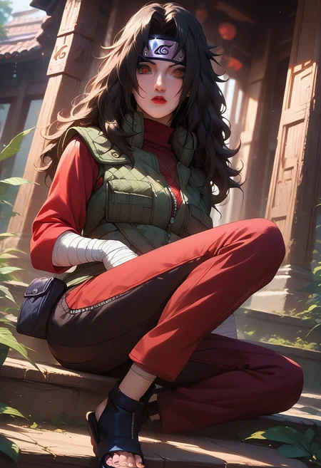 score_9, score_8_up, score_7_up, score_6_up, score_5_up, score_4_up, 1girl, slim, fit, realistic, beautiful eyes,
kurenai, (/Naruto)/, (ultra HD quality details), black hair, wavy hair, long hair, (red eyes), lipstick, makeup, Ninja, green vest, green jacket, sleeveless, sleeveless jacket, zipper pull tab, zipper, pocket, shirt, red shirt, sleeveless shirt, turtleneck shirt, red pants, pouch, thigh pouch, bandaged arm, sandals, toeless footwears, forehead protector, konohagakure symbol,
mouth opened, hiding, focusing on colorful beetle