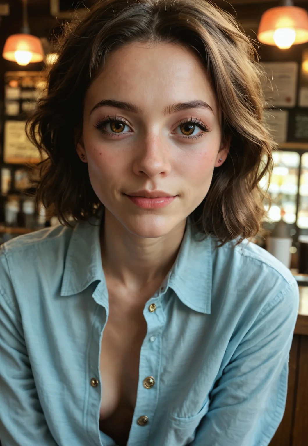 safe_pos, score_9, score_8_up, score_7_up, 1 girl, 25, petite, looking at viewer, in a coffee shop, seated, ((tiny breasts,l)), brown hair, skinny body, ((heart shaped face, narrow face, narrow nose, small nose, high cheek bones, symmetrical face)), slender body, sexy, horny look, ((button down shirt, no bra, leaning forward, downbloise)), bluejeans, cinematic shot, dynamic lighting, 75mm, Technicolor, Panavision, cinemascope, sharp focus, fine details, 8k, HDR, realism, realistic, film still, cinematic color grading, depth of field, beautiful, extremely detailed background, ((face focus, detailed skin)), zPDXL3, real life photo, Photo Real, ((detailed skin))
