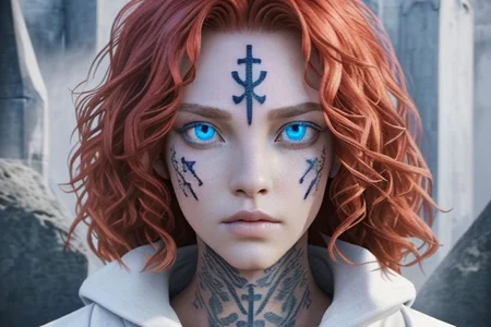 bright red hair, human female, (feminine:1.7), (beautiful face, detailed face:1.6), (beautiful eyes, detailed eyes:1.7), (looking at viewer, eye contact, intense:1.6), (long hair, red hair, curly hair:1.3), , ((masterpiece, best quality, high resolution, realistic, best quality,)), photo realistic, Perfect Face, (detailed face). <lora:GoodHands-vanilla:0.6> <lora:add-detail-xl:0.8>, mage, (Dress White military uniform coat), dagger, rune dagger, glowing runes, , (((glowing magic symbols tattoos, religious tattoos))), ((face tattoos)), glowing tattoos, stone tower in the background
